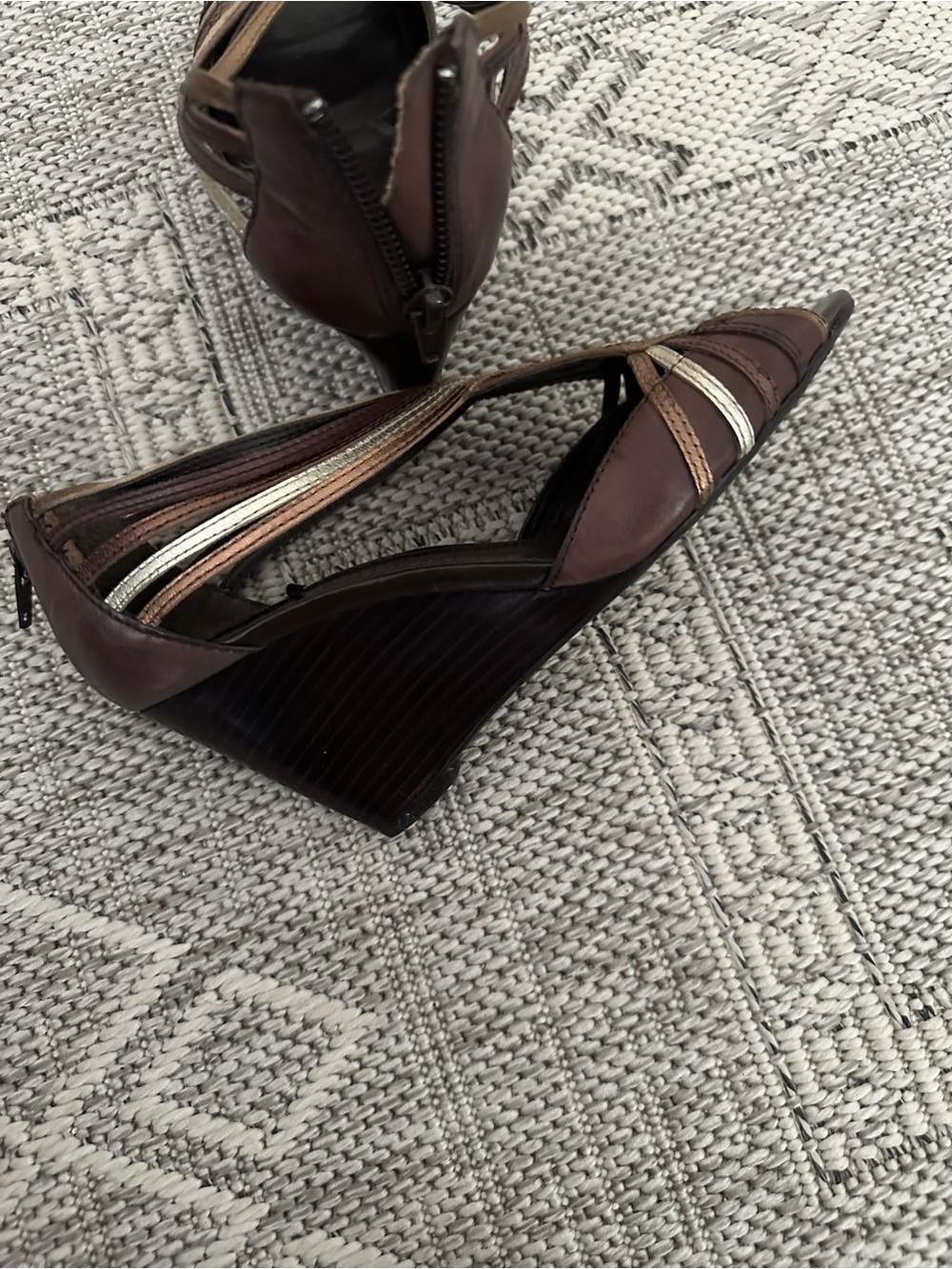 Franco Sarto Brown and Gold Strappy Wedge Sandals